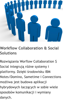 Workflow Collaboration & Social Solutions Rozwizania Worflow Collaboration $ Social integruj rne systemy i platformy. Dziki rodowisku IBM Notes/Domino, Sametime i Connections moliwa jest budowa aplikacji hybrydowych aczcych w sobie wiele sposobw komunikacji i wymiany danych.